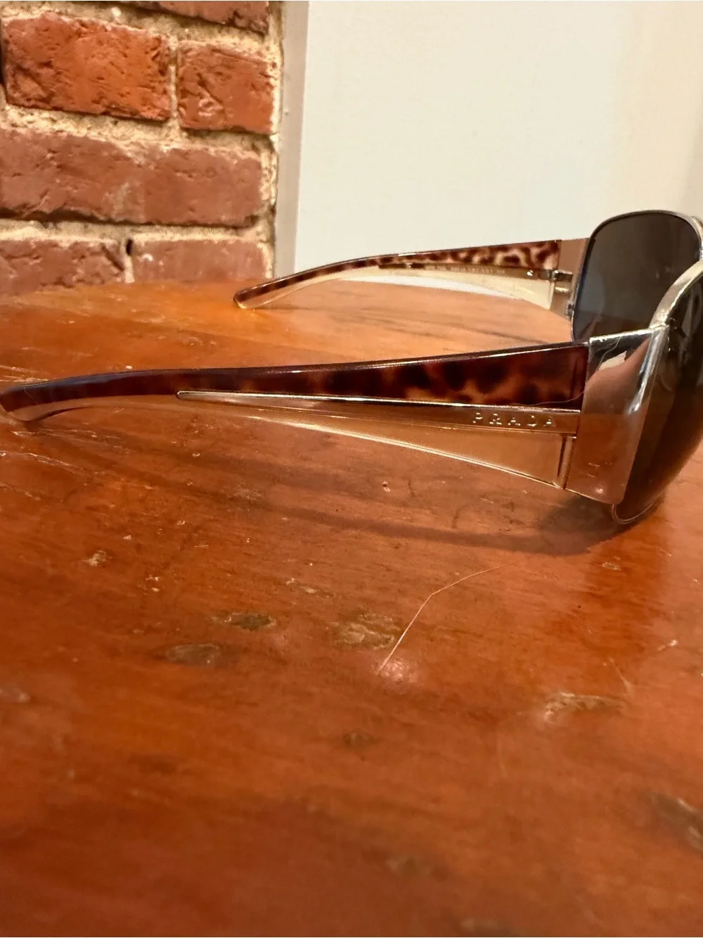 VTG Prada SPR 75G Shield Aviator Sunglasses Silver Brown Tortoise Made In Italy